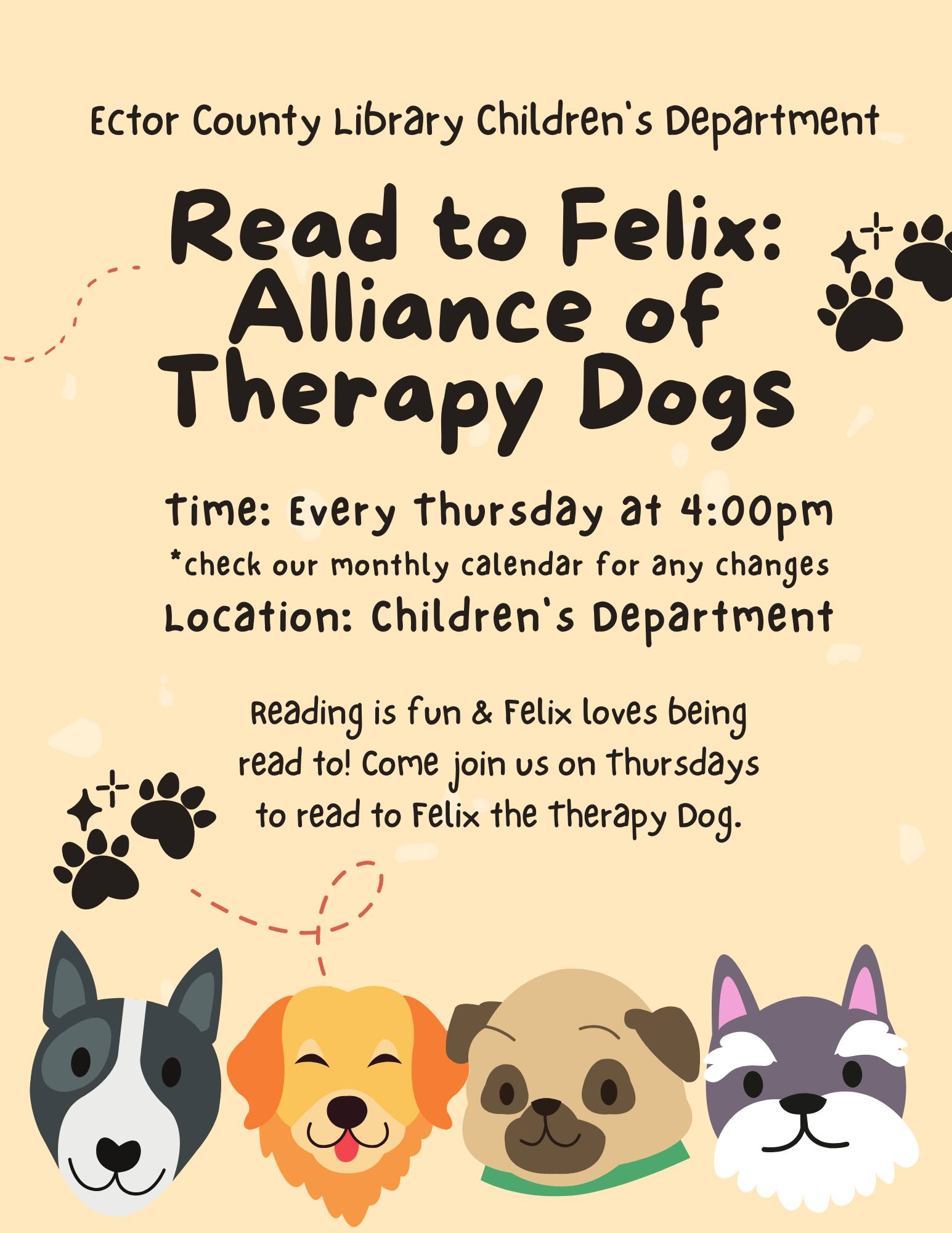 Ector County Library Hosts Read To Felix: Therapy Dog every Thursday at 4pm