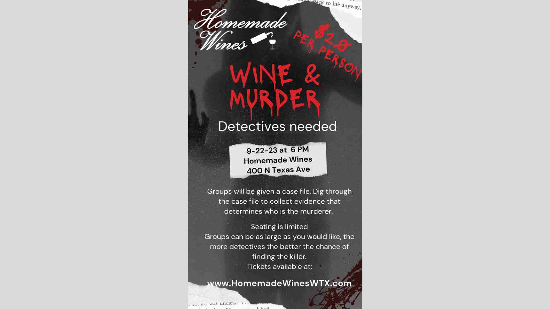 Wine & Murder at Homemade Wines Sept. 22, 2023 in Odessa, TX