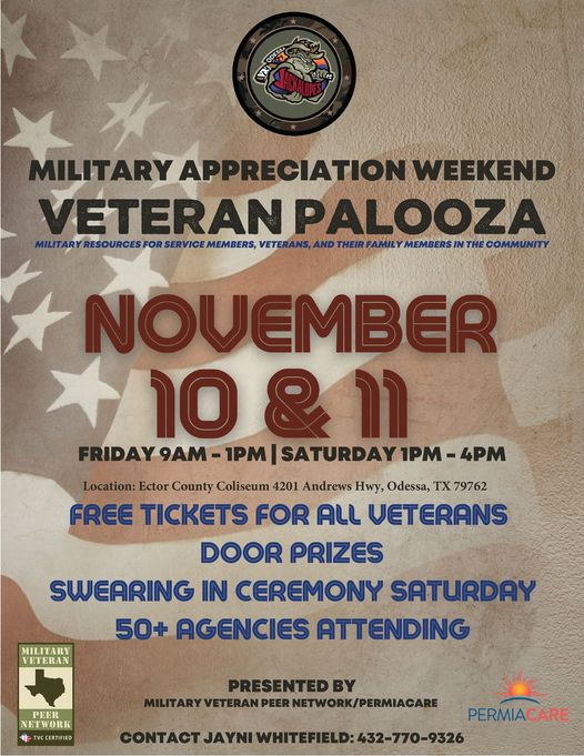 Military Appreciation Weekend - Veteran Palooza - Odessa Jackalopes - November 10-11 -2023