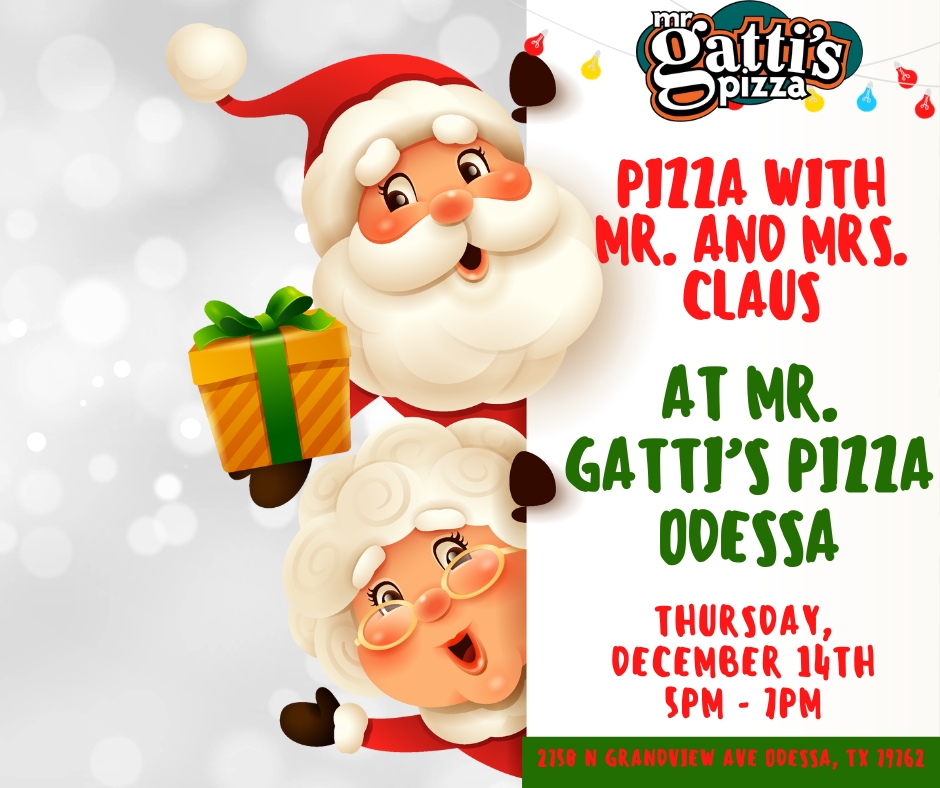 Mr. and Mrs. Claus at Mr. Gatti's Pizza on Thursday, December 14, 2023 at 5pm.