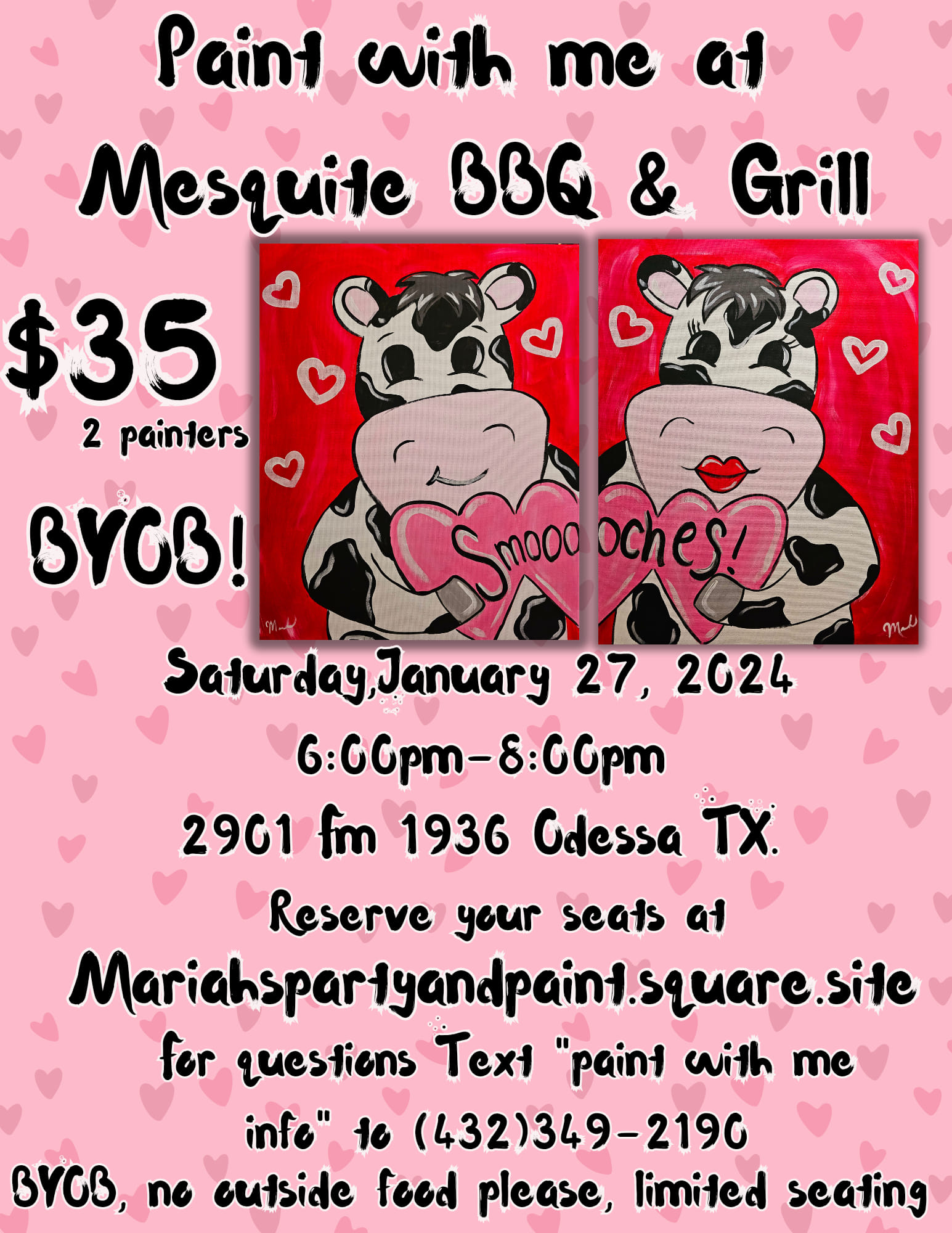 Valentines Cow Painting Class at Mesquite BBQ & Grill in Odessa, TX on January 27, 2024