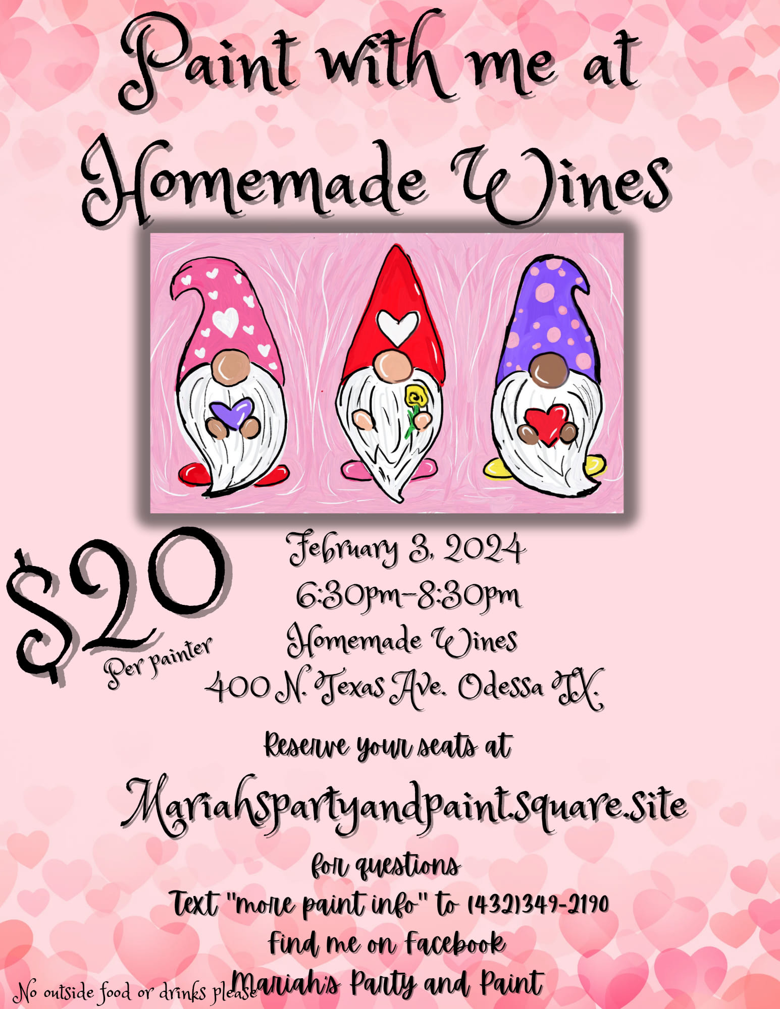 Valentine's Gnome Painting Class at Homemade Wines in Downtown Odessa on February 3, 2024